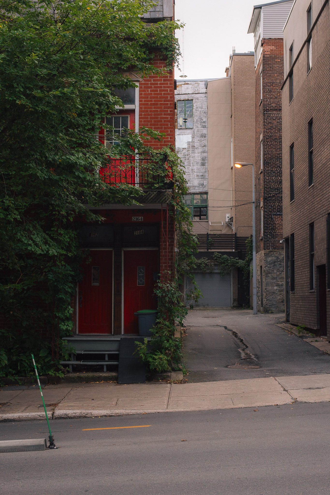 Red brick house with red double doors half hidden behind a tree